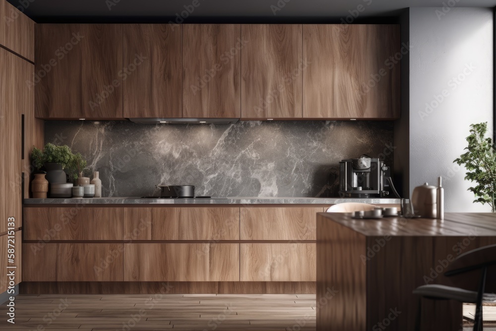 Gray kitchen counter in a chic room with wooden cabinets and gray walls. Image of a comfortable home