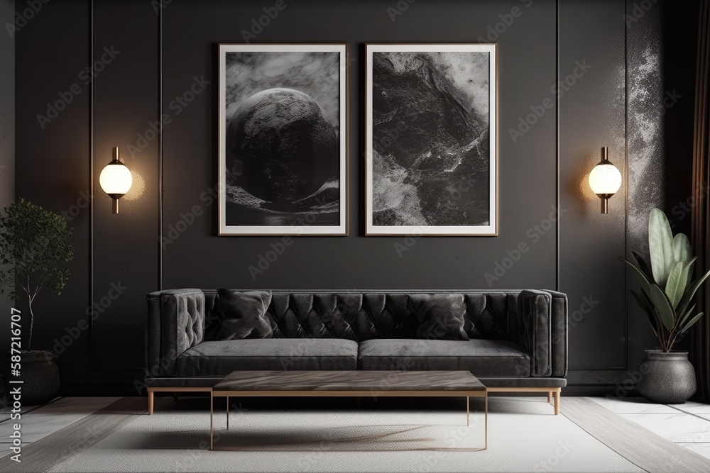 The drawing is transformed into a real, dark living room with a door, two wall sconces, a horizontal