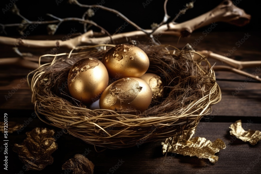 three golden eggs in a birds nest on a table. Generative AI