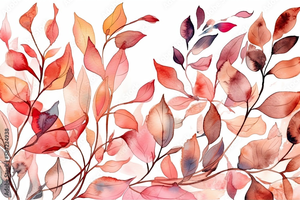 watercolor leaves on a white background. Generative AI