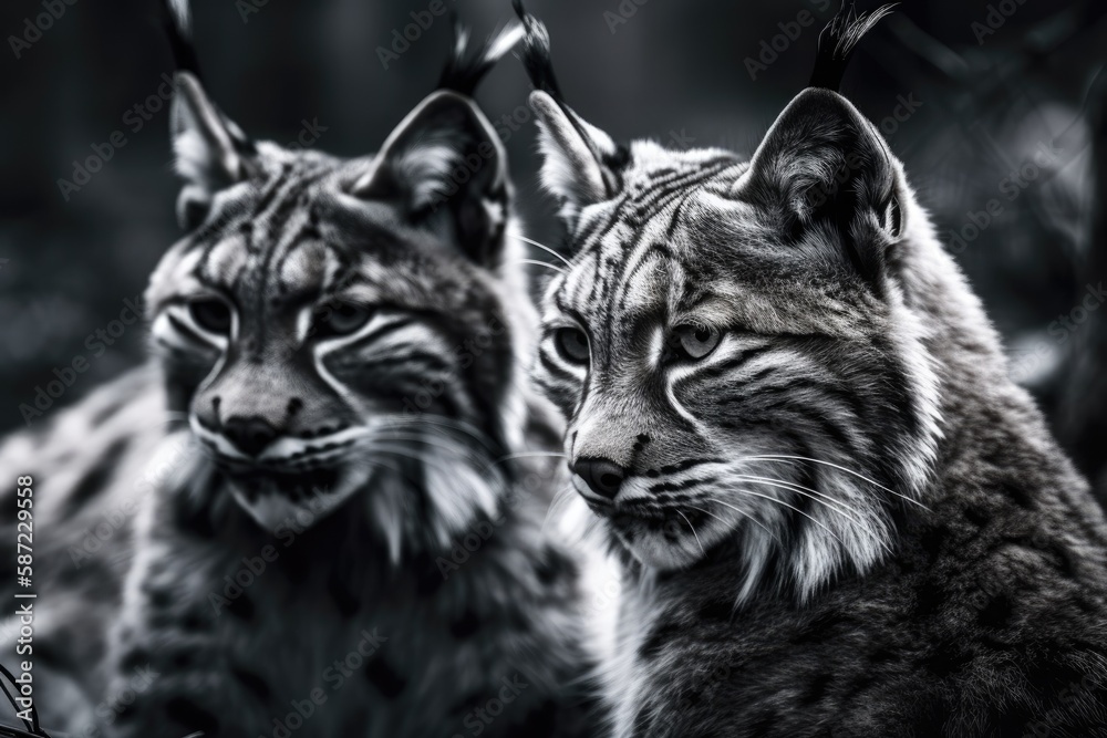 Black and white lynx playing with each other at Wildpark Gangelt, Germany. Generative AI