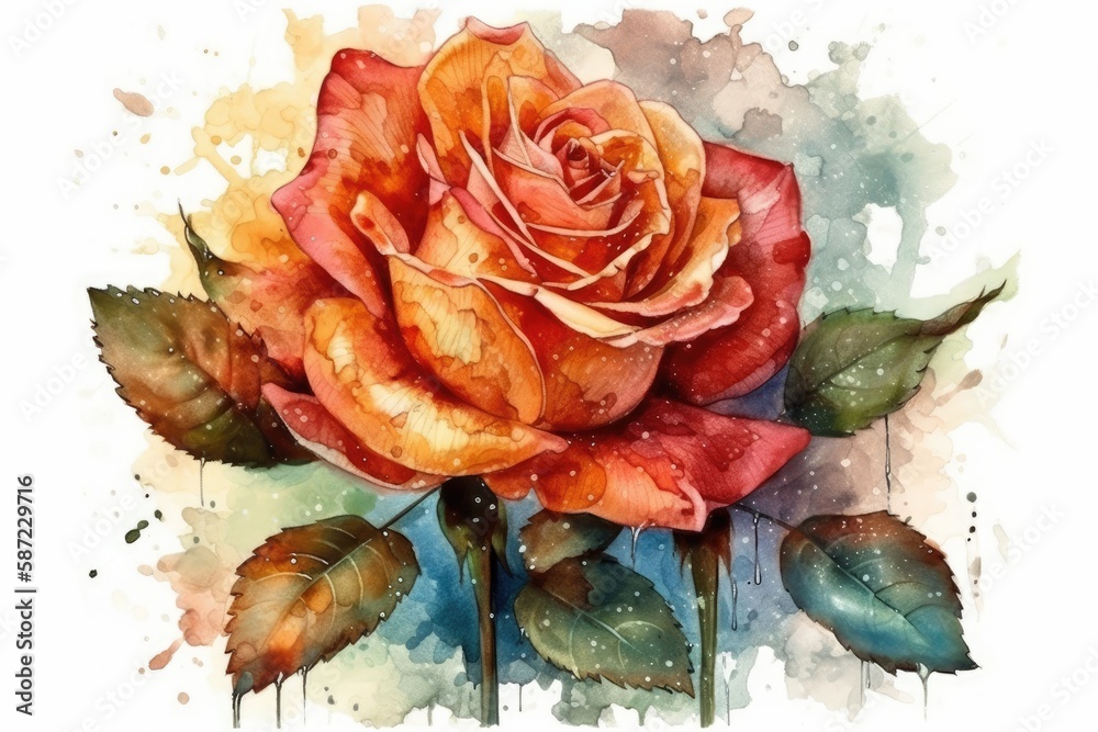 delicate watercolor painting featuring a vibrant rose and its leaves. Generative AI