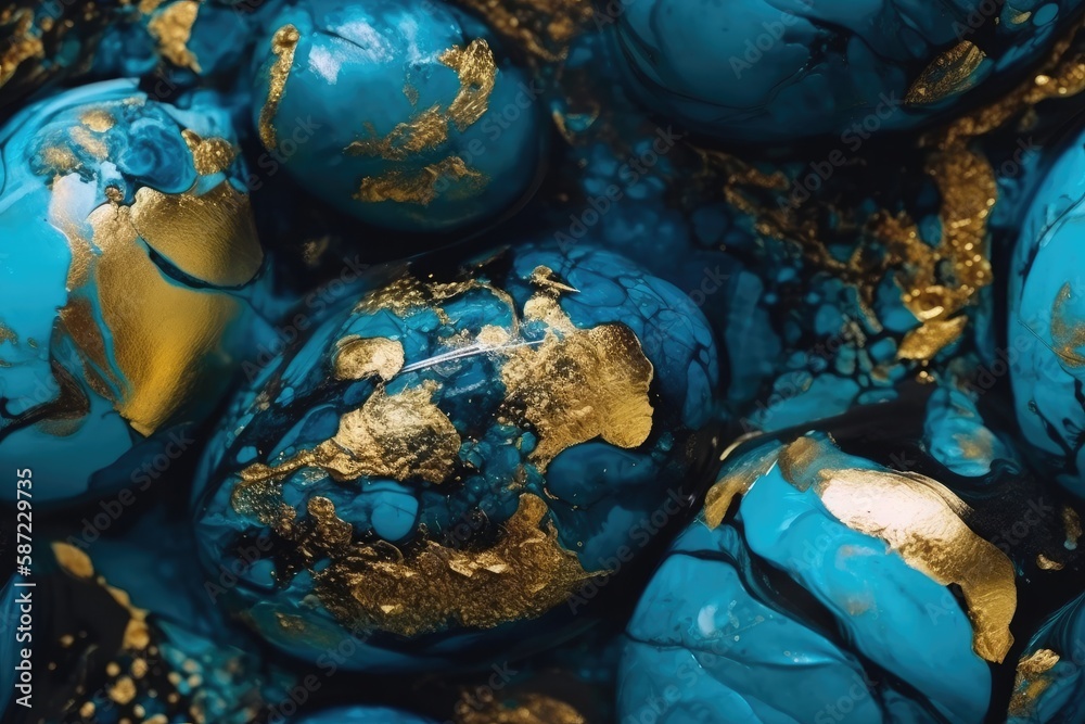 Macro Close Up of Blue and Gold Marbles. Generative AI