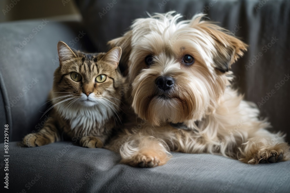 Cute dog and cat cuddling on a sofa at home. friends always. Generative AI