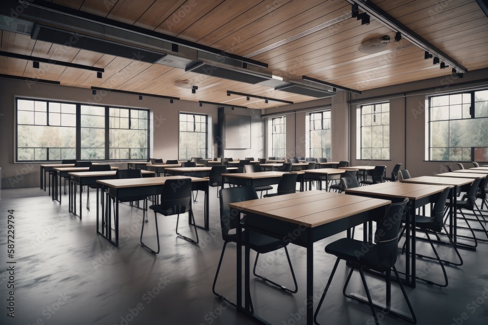 empty classroom modern with desks and chairs. Generative AI