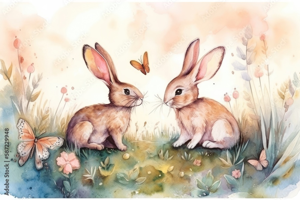 two rabbits enjoying a peaceful moment in a grassy field. Generative AI