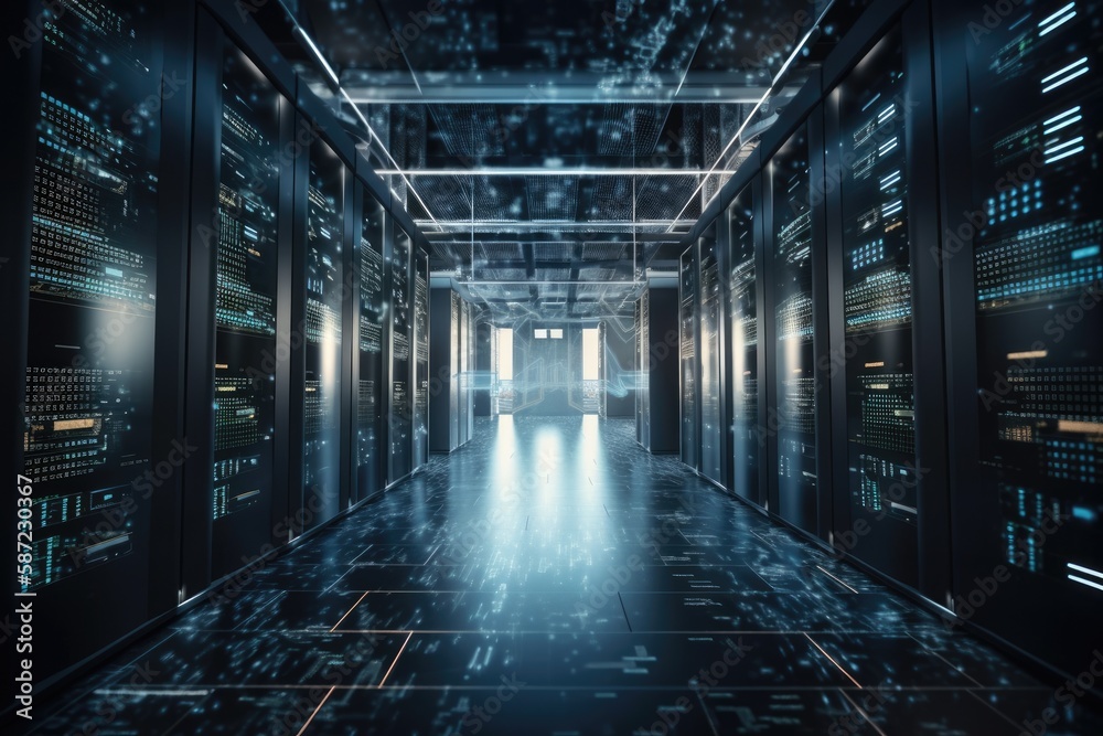 data center with rows of servers in a long hallway. Generative AI