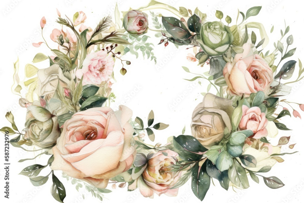 delicate watercolor wreath made of beautiful rose flowers. Generative AI