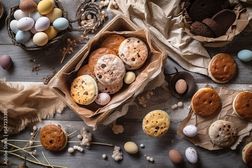 table filled with assorted cookies of different shapes, colors, and flavors. Generative AI