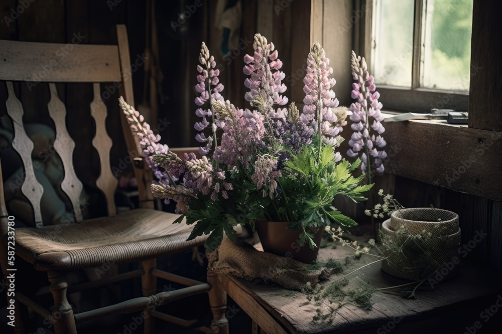 Lupine flowers in rustic room. Countryside summer decor. Lupin bouquet and scissors on wooden countr