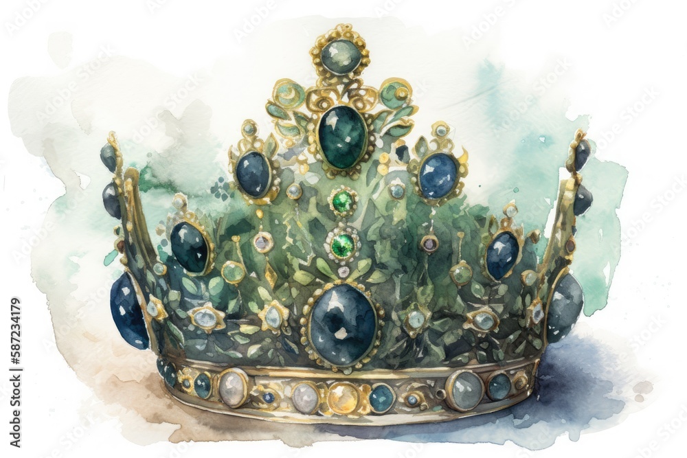 regal crown adorned with sparkling jewels painted in watercolor. Generative AI