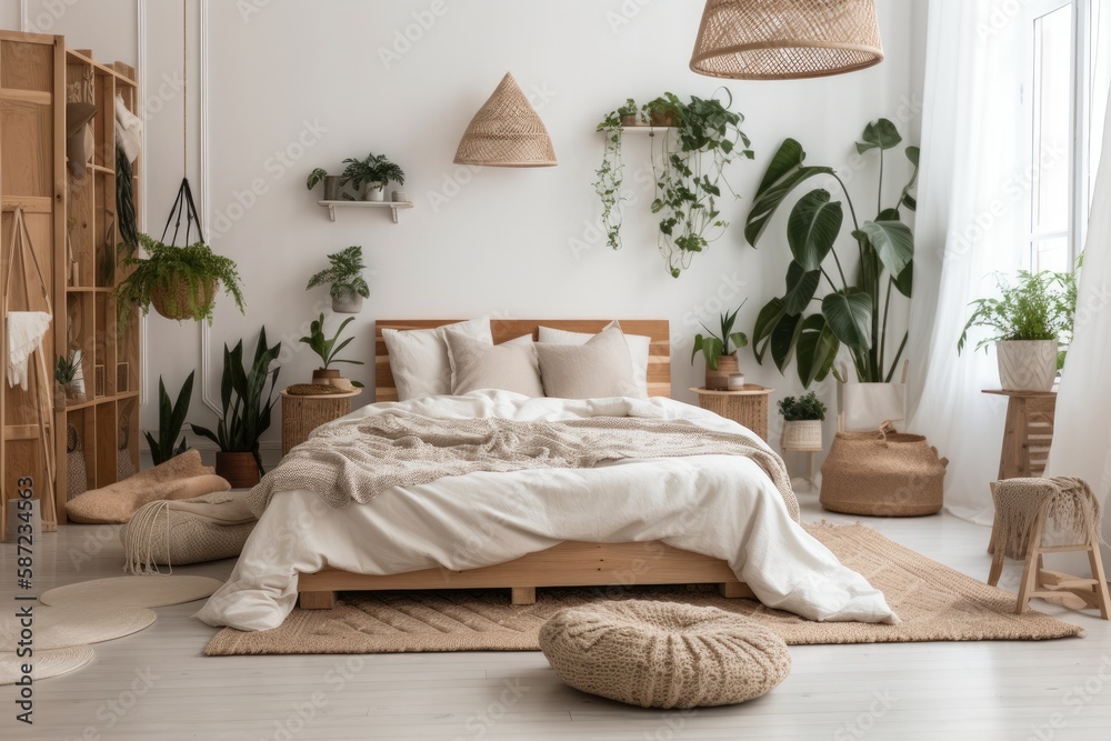 White bedroom with cabinet, plants, and wooden headboard. Real picture. Generative AI