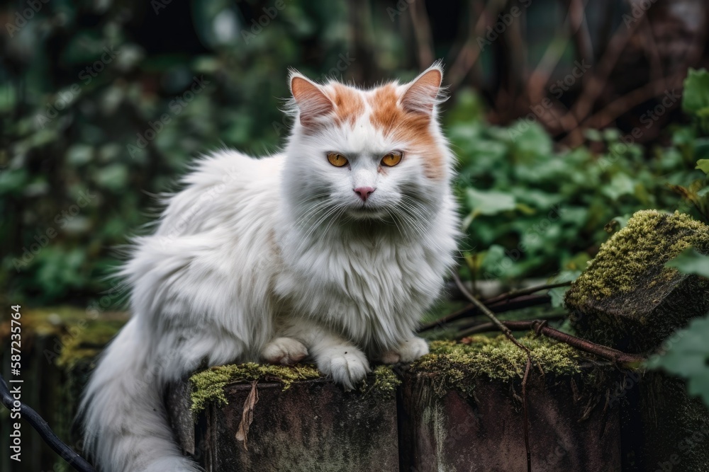 Reddish white cat perched on a mossy fence. Generative AI