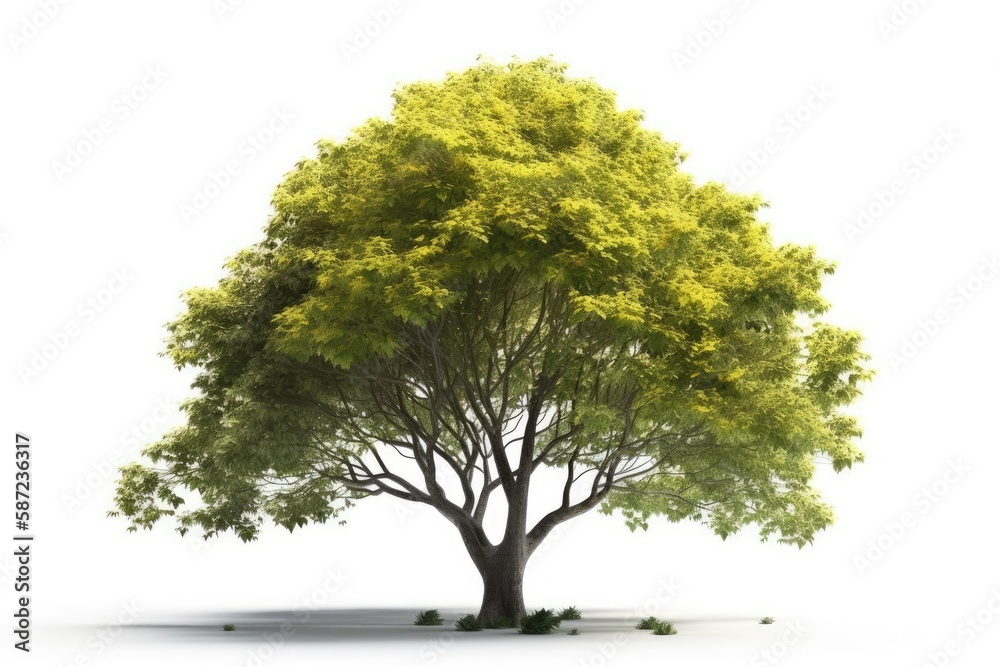 lush green tree with leaves on a blank white background. Generative AI