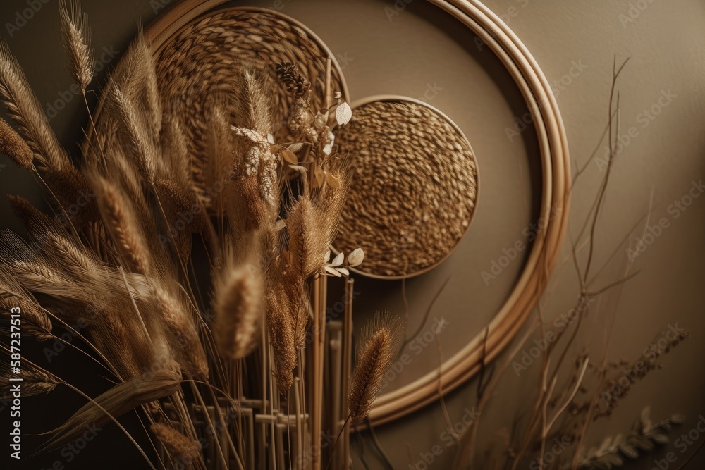 Decorative dry grass and reed circle. Room décor. Generative AI