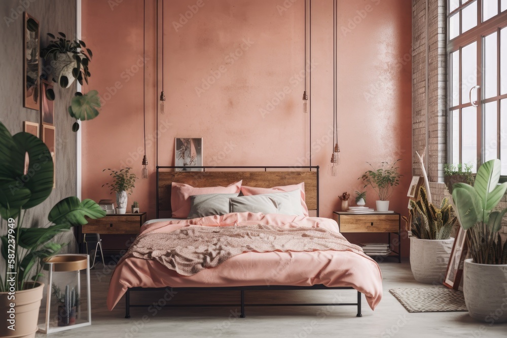 industrial chic bedroom with a pink king size bed and contemporary accents. Generative AI