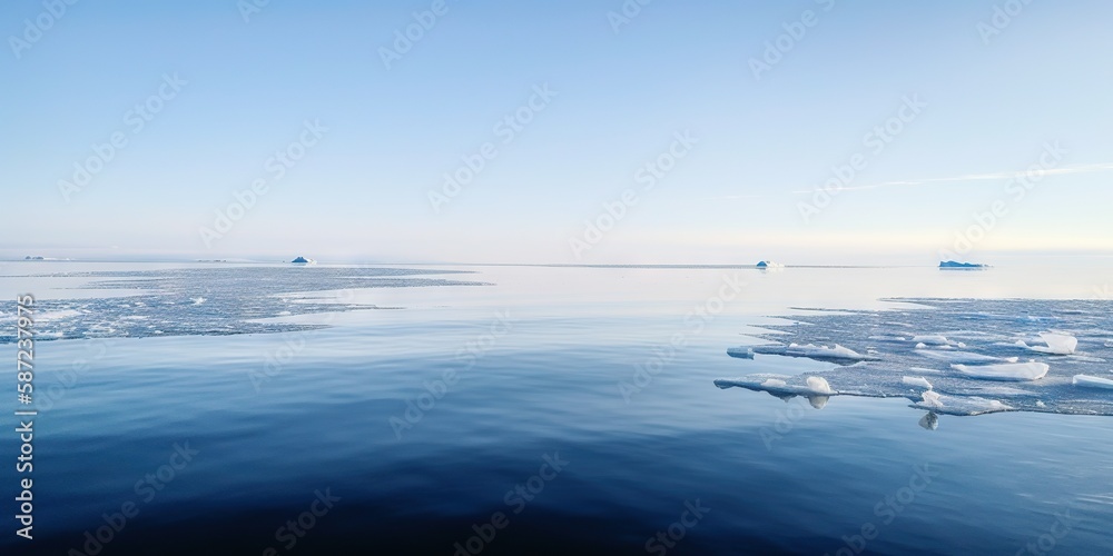 Winter sea landscape with floating ice fragments on still cold water. Generative AI