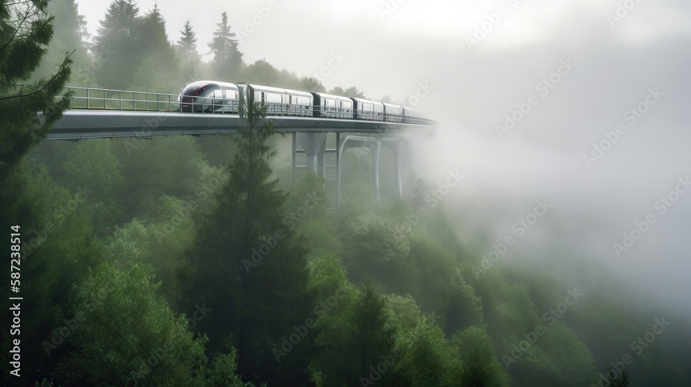 Speed passenger train moving in the mist mountains covered with forest. Generative AI