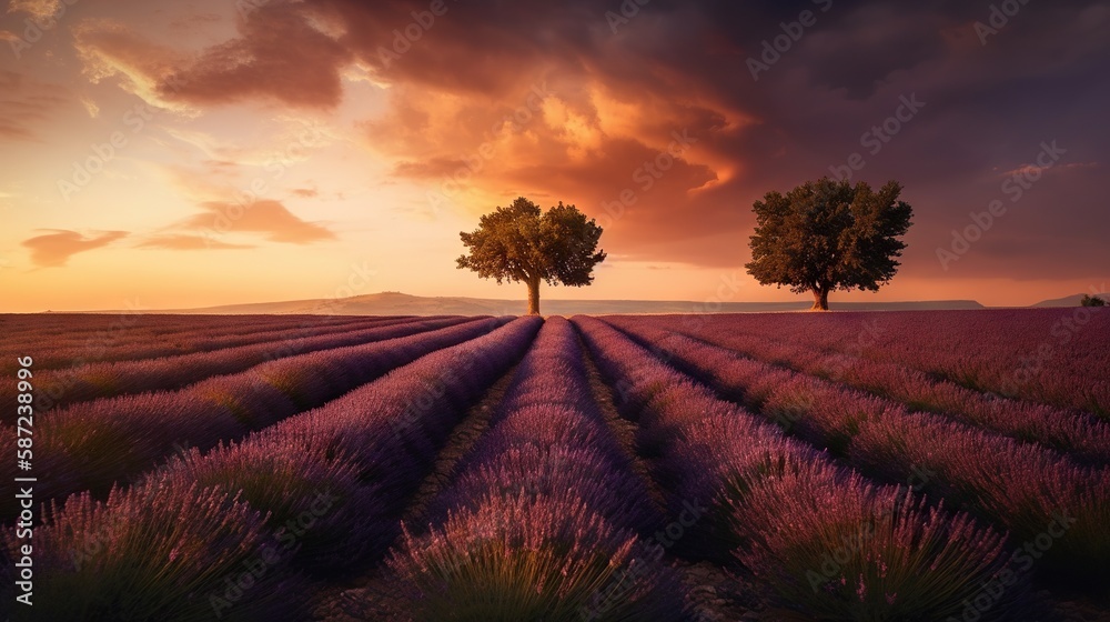 Stunning landscape with lavender field with stunning sunset on background. Generative AI