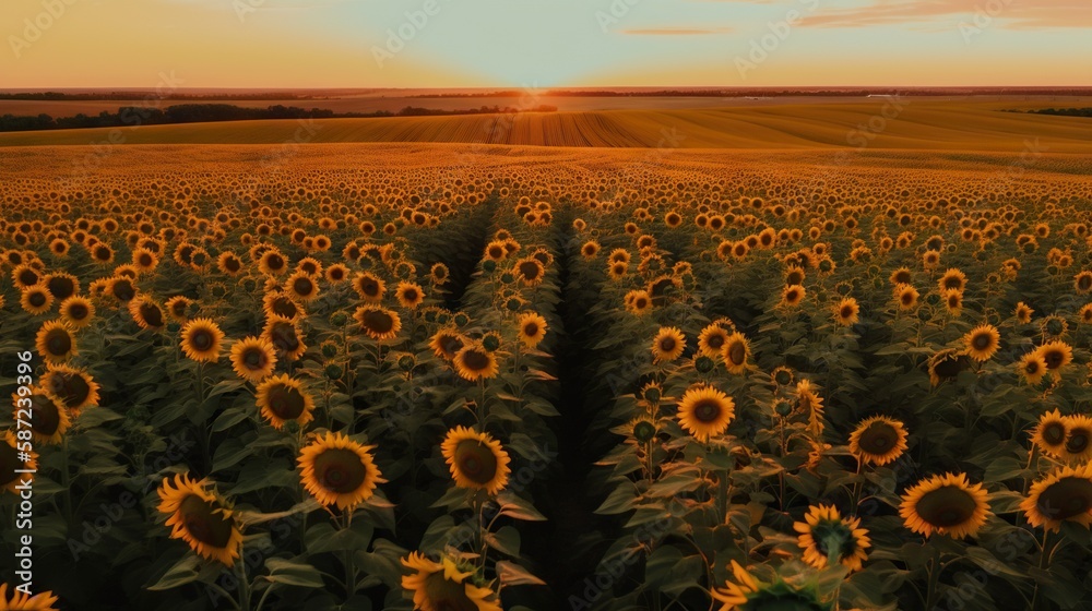 Panoramic field of sunflowers on sunset. Generative AI