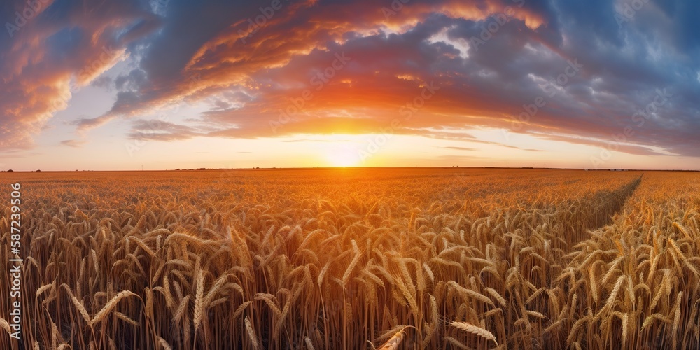 Panoramic view on field of golden ripe wheat on sunset. Generative AI