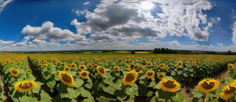 Panoramic field of sunflowers with blue sky on sunny day. Generative AI