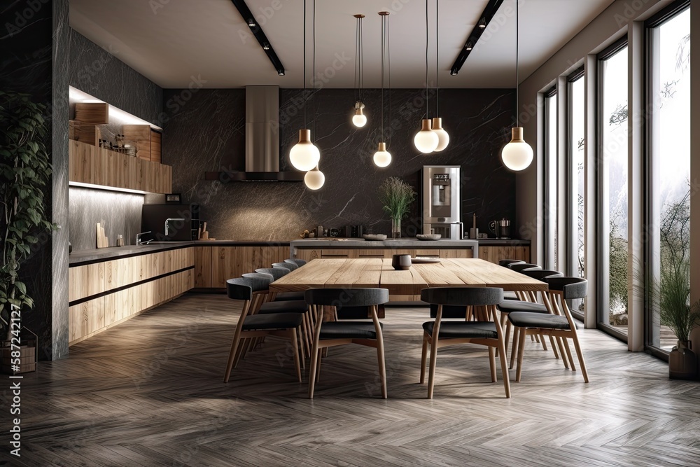 Kitchen and dining room interior, contemporary design, wood and stone materials. Generative AI