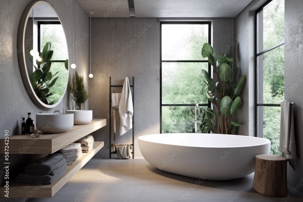 luxurious bathroom with a modern white bathtub as the centerpiece. Generative AI