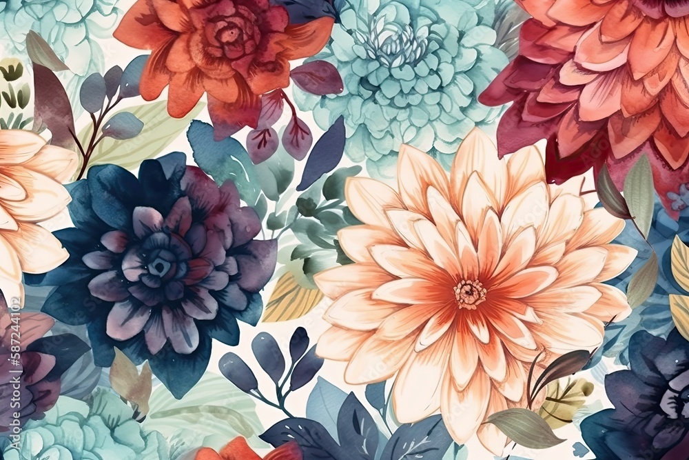 colorful floral wall art with blooming flowers and leaves. Generative AI