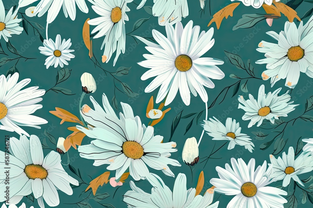 white daisies on a vibrant green background. Generative AI