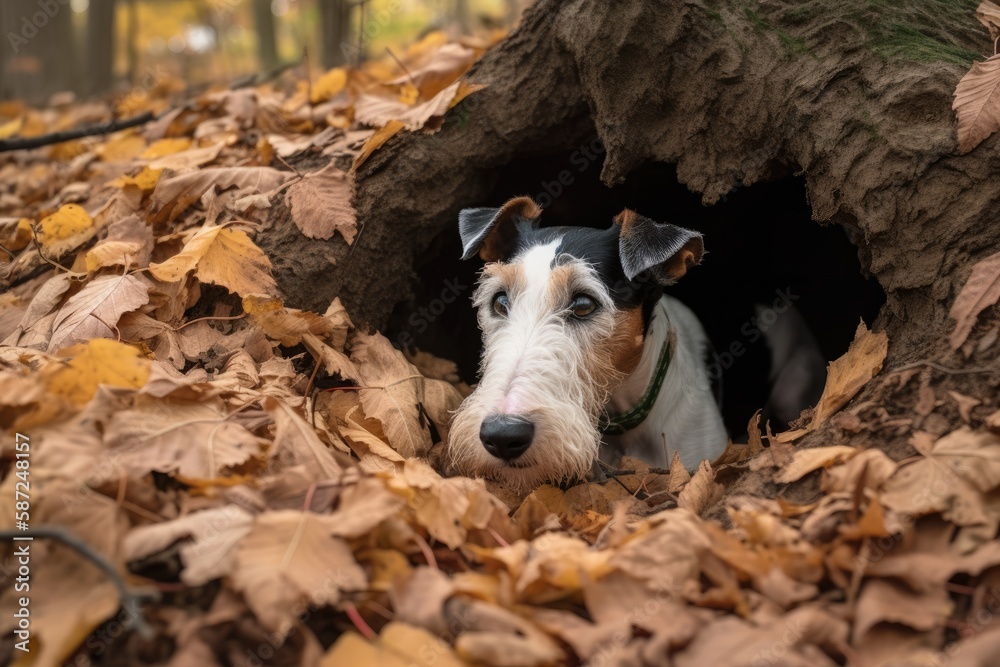 A stunning white and black fox terrier crawls through a hole in the fall woodland. Generative AI