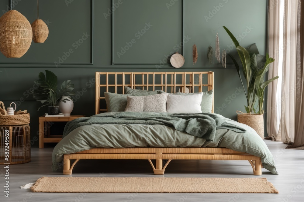 Beautiful bedroom with bamboo bed, trendy bedding, and elegant furnishings. Eucalyptus. Template. Co