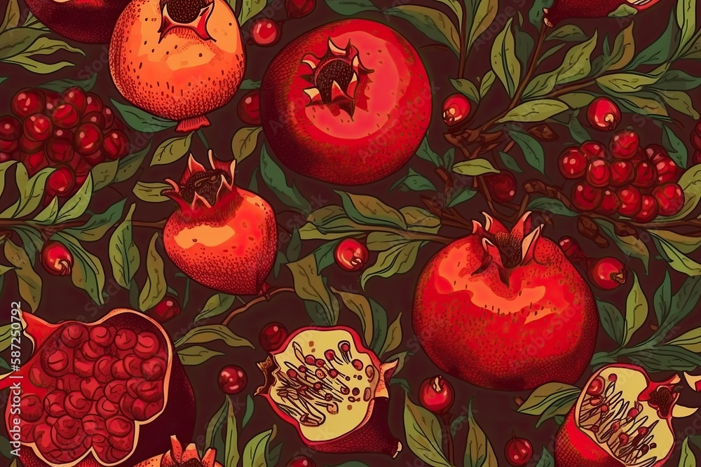 still life painting featuring pomegranates and leaves on a warm brown backdrop. Generative AI