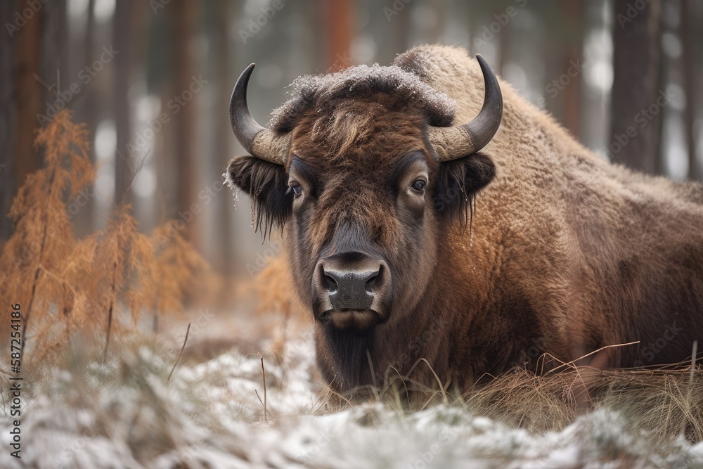 Bison Bonasus, a species of European bison, Knyszyn forest, Poland. Generative AI