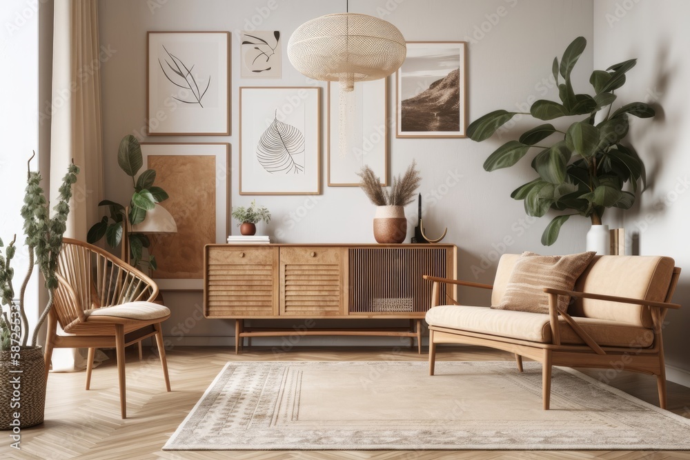 Modern beige living room with imitation poster frame, wooden sideboard, plant, and boho decorations.