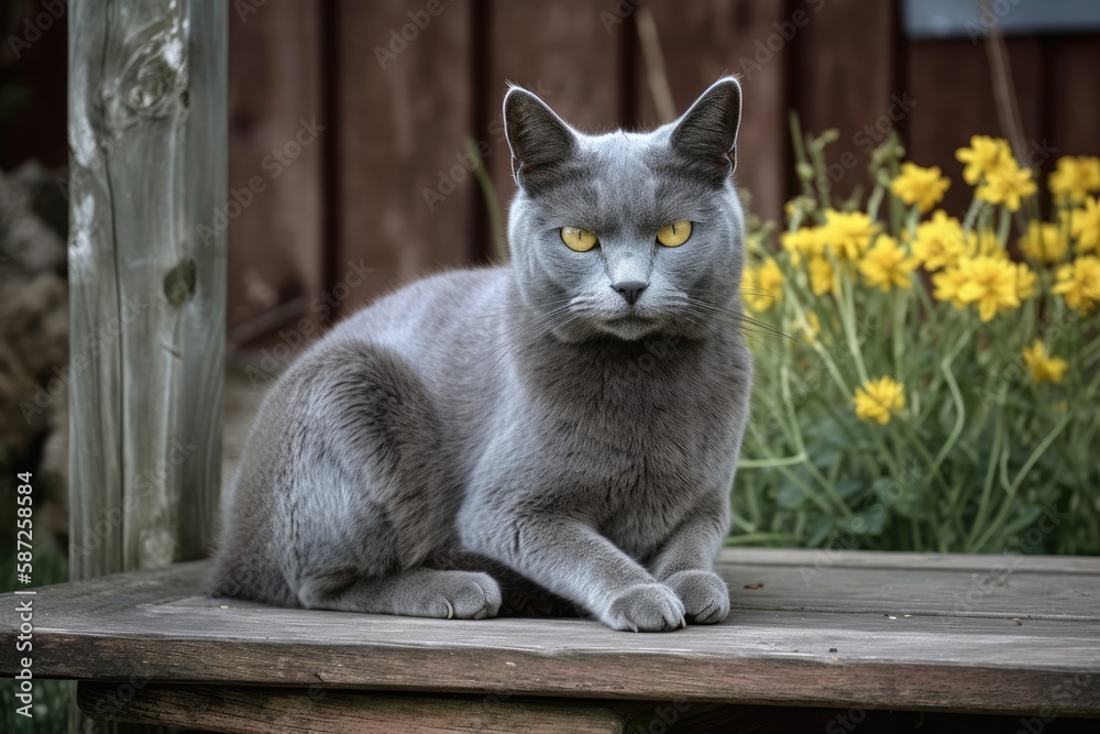 On a weathered wooden garden bench, a gray chartreuse cat. Background lawn with flowers. Generative 