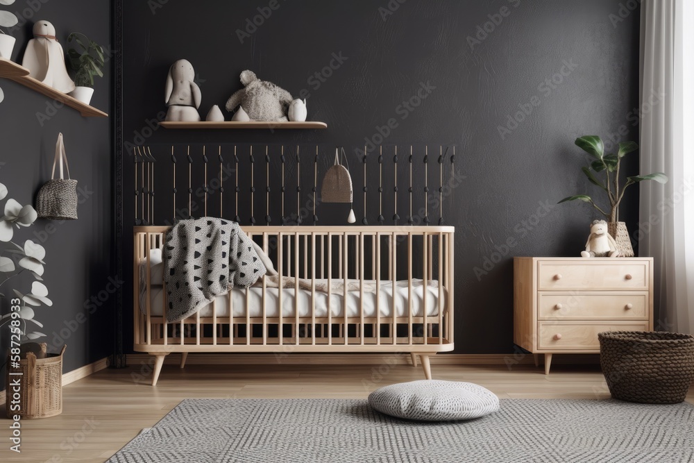 Scandinavian nursery. Dark gray nursery. Mockup. Generative AI