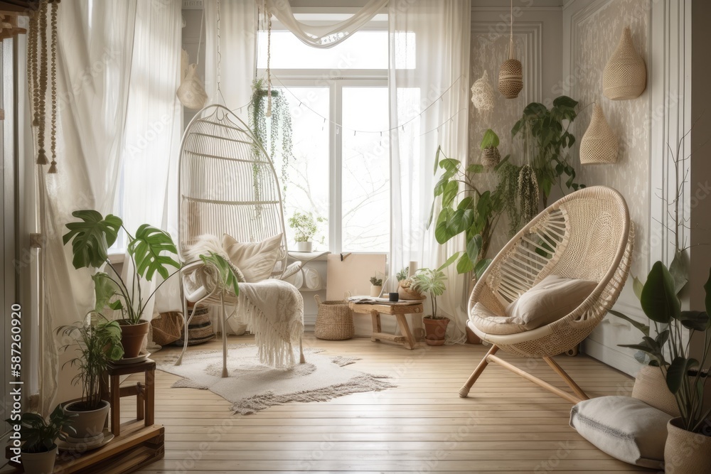 Blurred backdrop, Boho farmhouse living room, potted plants, and lace hanging chair. Shuttered parqu