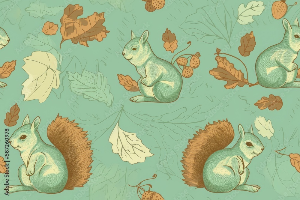 playful squirrel surrounded by colorful autumn leaves against a blue backdrop. Generative AI