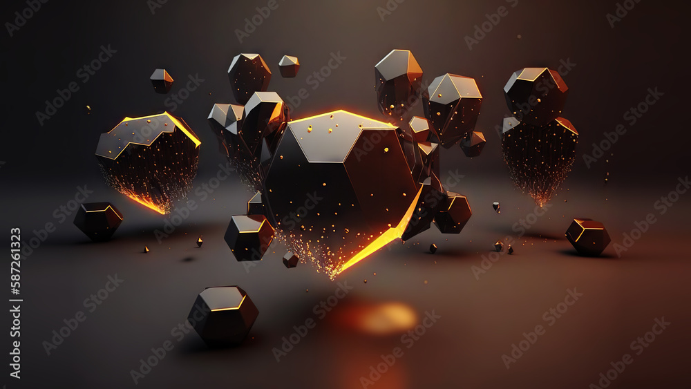 Glowing black and glow abstract organic hexagons background on empty backdrop. Generative ai