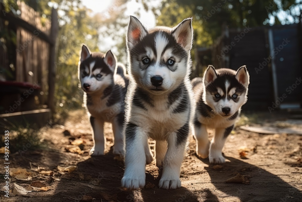 puppies huskies outside. Generative AI