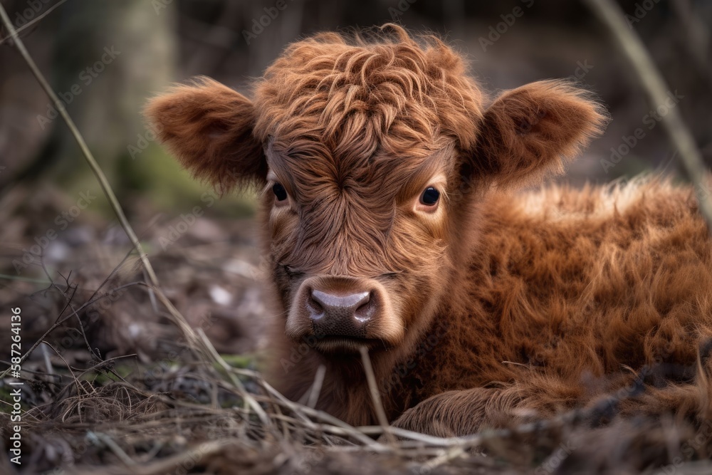 Natures Scottish Highlander, a newborn calf. Generative AI