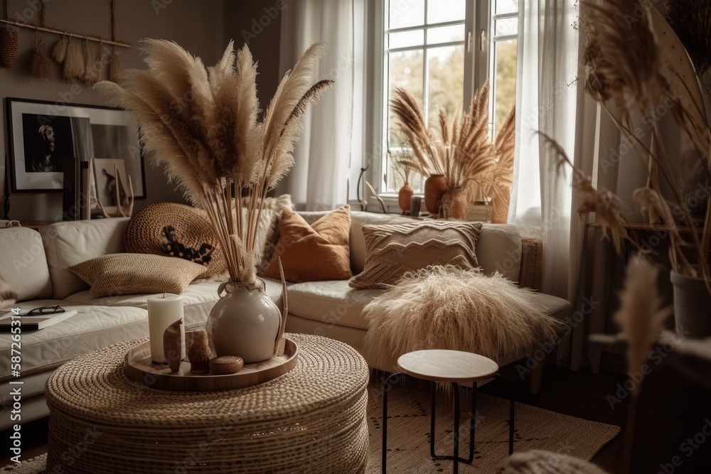 bohemian living room design with neutral hues. wicker furniture, dry pampas grass. Generative AI