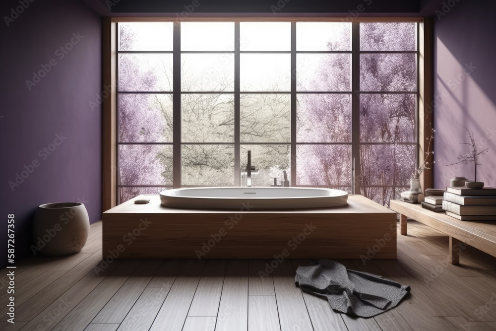 Close up of minimalist hardwood bedroom with purple white bathtub. Master bed, parquet, windows, and