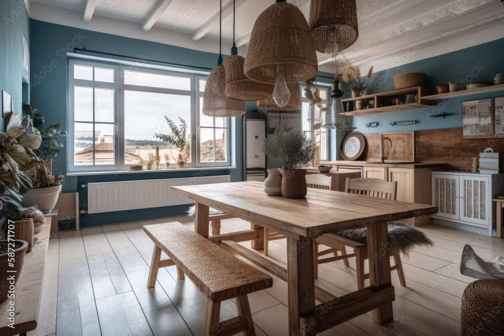 White and blue wooden rural dining table. Kitchen, pendant lighting, window. Scandinavian bohemian d