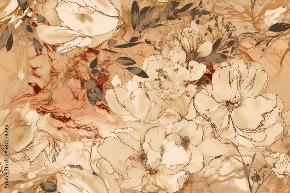 brown and white flowers set against a beige background in a painted style. Generative AI