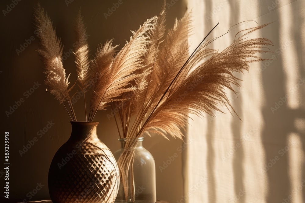 Bohemian pampas grass vase against neutral beige wall. Minimalist bohemian house decor with sunshine