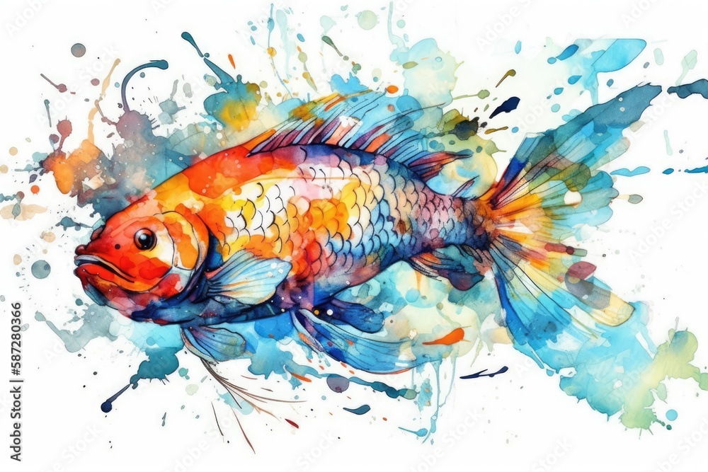 single goldfish swimming in clear water against a plain white background. Generative AI