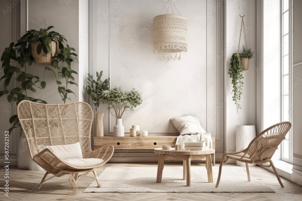 Wall mockup in white Scandi Boho decor with wooden furnishings. Generative AI