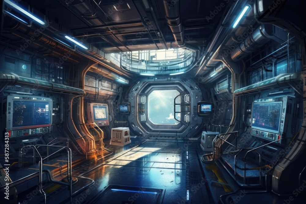 Interior and background of a space station in an artistic concept artwork. Generative AI